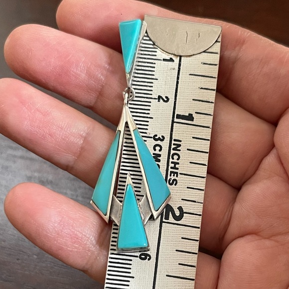 Signed Southwestern style turquoise sterling silver drop earrings - Picture 7 of 8